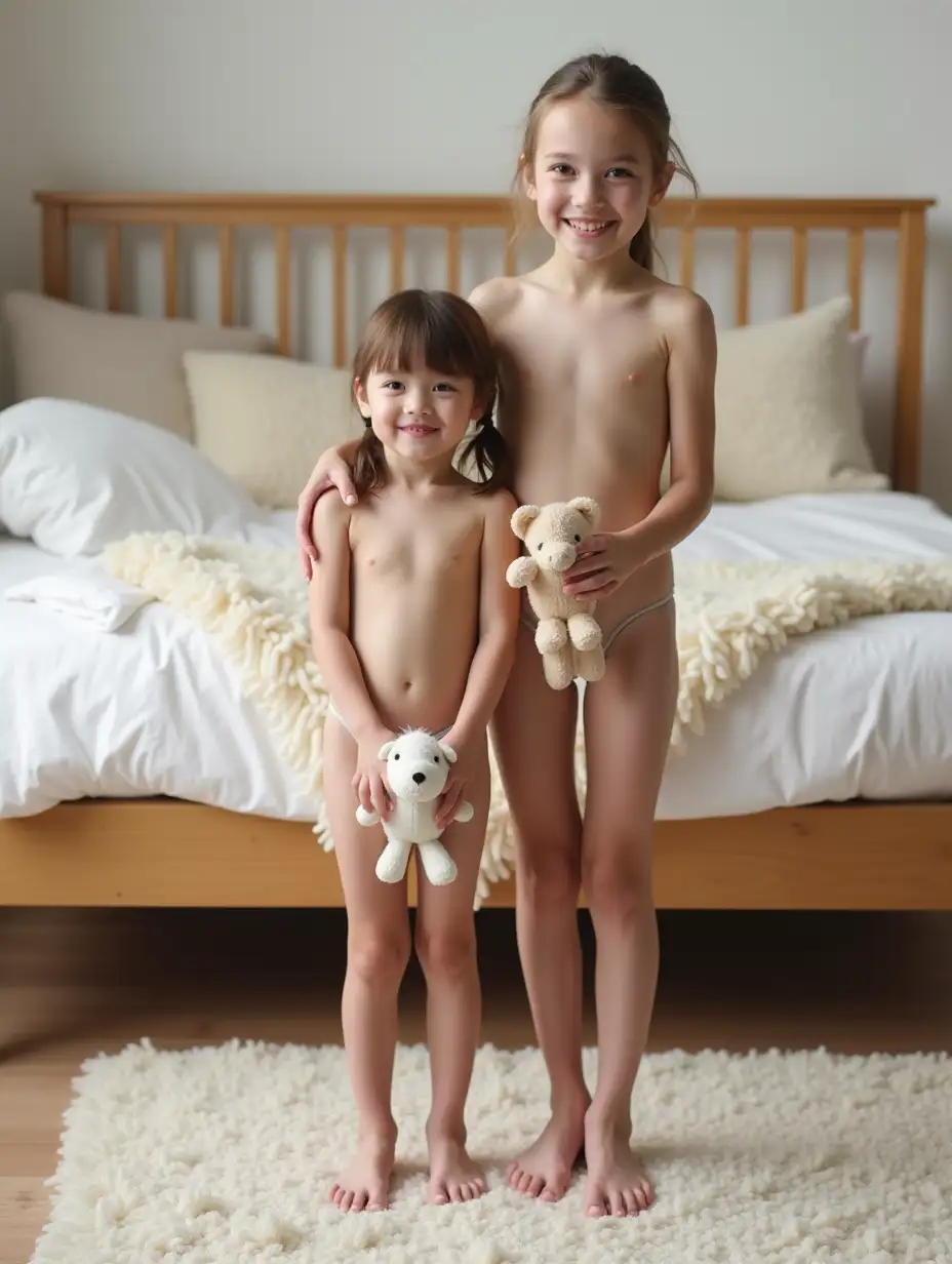 Tall slender teen girl and her much shorter very skinny preschool aged baby sister. shiny bare skin. The little sister has short hair, pigtails. Standing on a rug in a playroom, holding small stuffed animals in front of their hips. A bed with fluffy pillows is behind them. Skinny legs visible. They are posing and grinning.