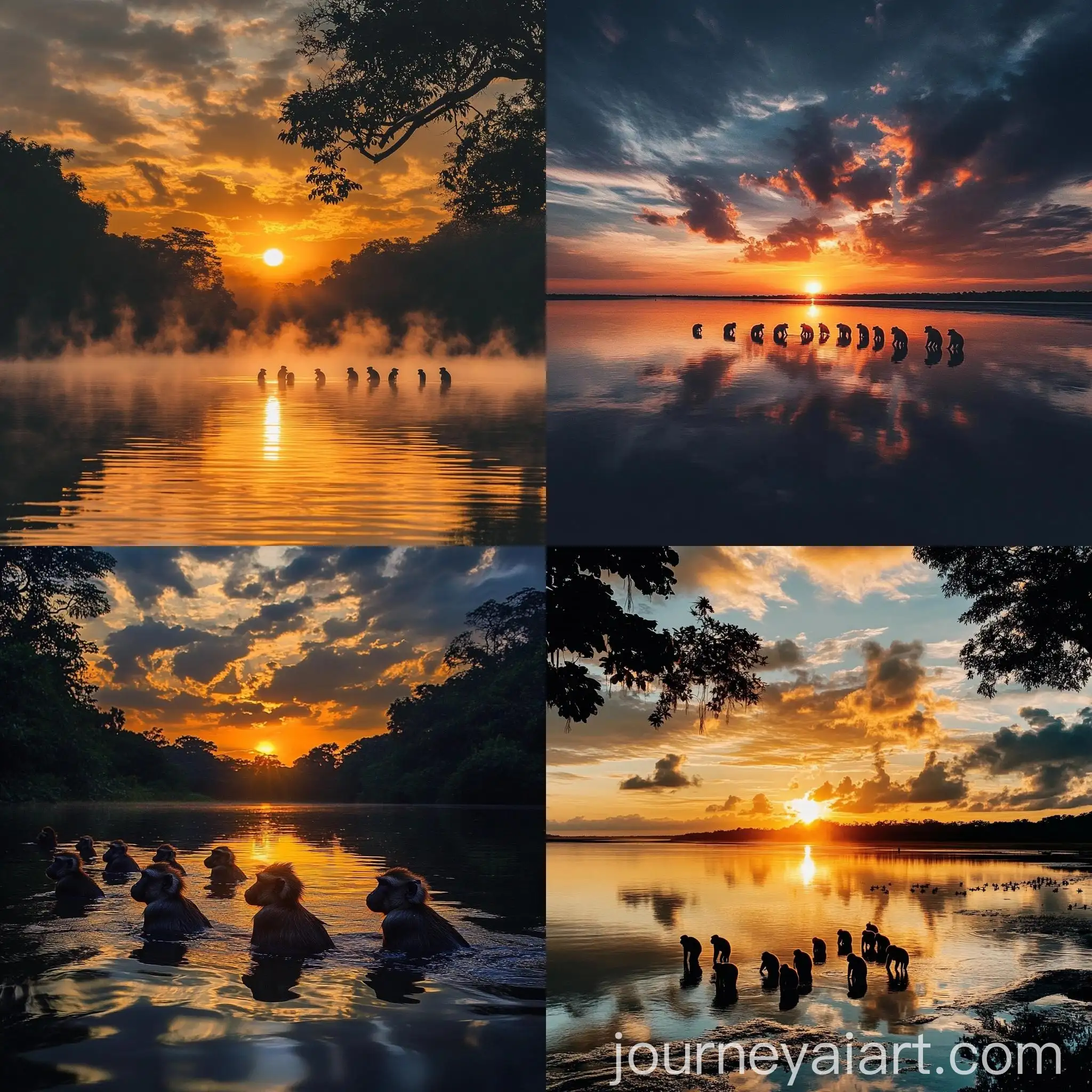 Tranquil-Sunrise-Scene-with-Monkeys-Watching-in-Water