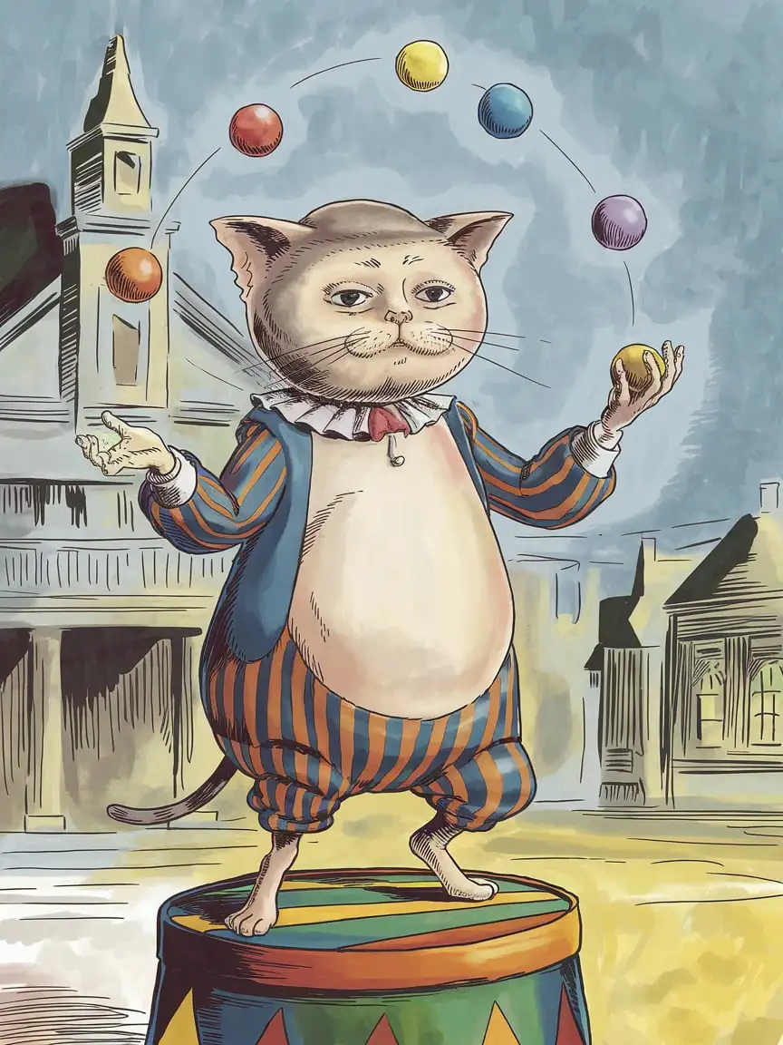 The detailed illustration for the humorous magazine is made in the style of a combination of the style of Edward Gorey and Mark Ryden, inspired by the works of Salvador Dali, the illustration shows a humanoid anthropomorphic Persian cat with a flat face and low ears in a buffoon costume, the cat juggles colorful balls standing on a colored striped barrel, full pose, full body, carnival, town hall, buffoon costume, clear, detailed, high stylization, slow elaboration