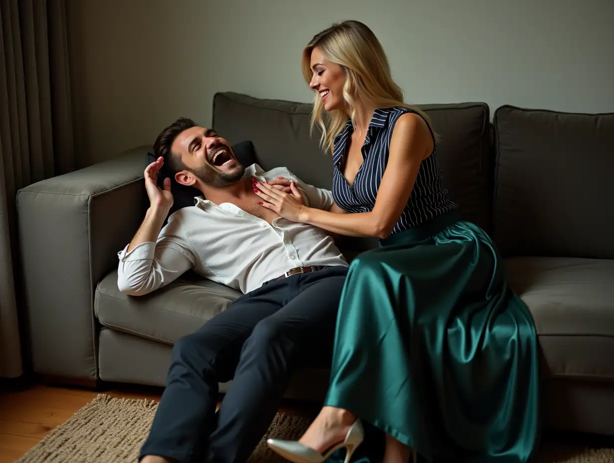 Caucasian-Man-Laughing-on-Sofa-with-Woman-in-Satin-Blouse-and-Maxi-Skirt