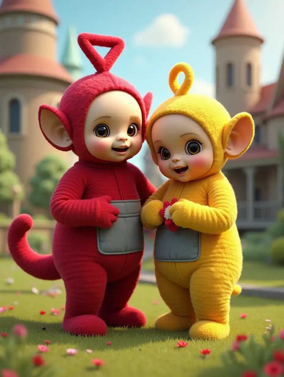 Create an image of Teletubbies Lala characters in 3D anime style 46k, steampunk