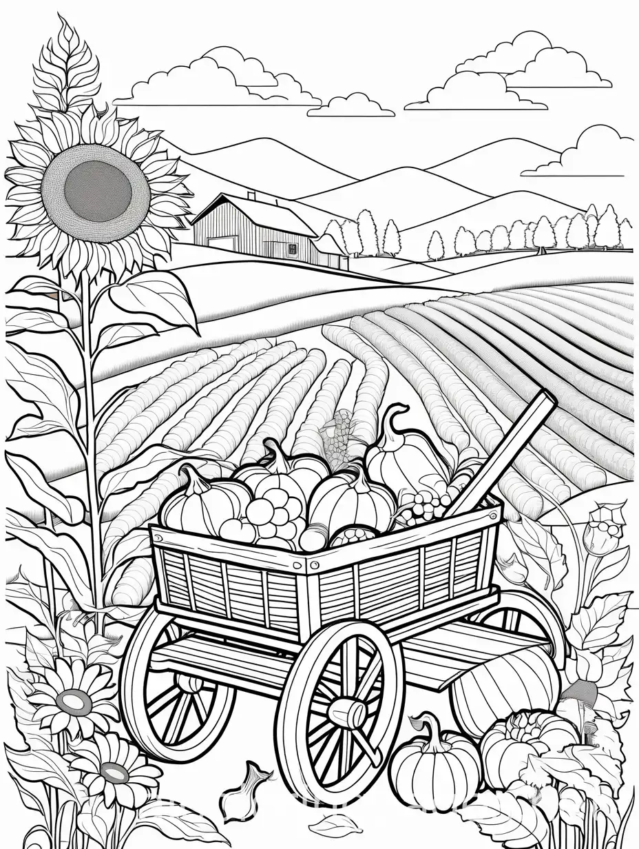 Harvest-Scene-Coloring-Page-with-Vegetables-Sunflowers-and-Wooden-Cart