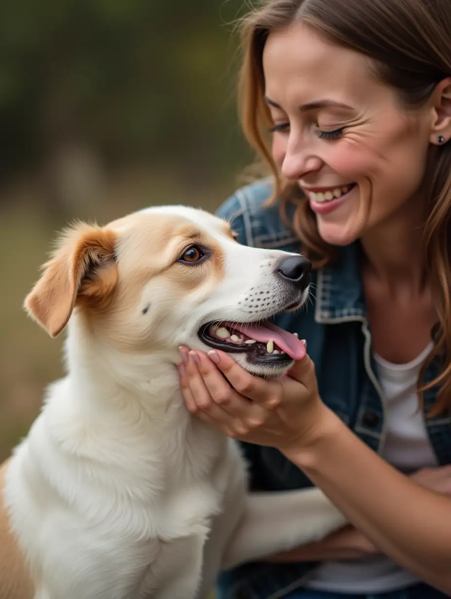 Close-up of the dog gazing affectionately at its owner, or the owner gently petting the dog with a loving smile