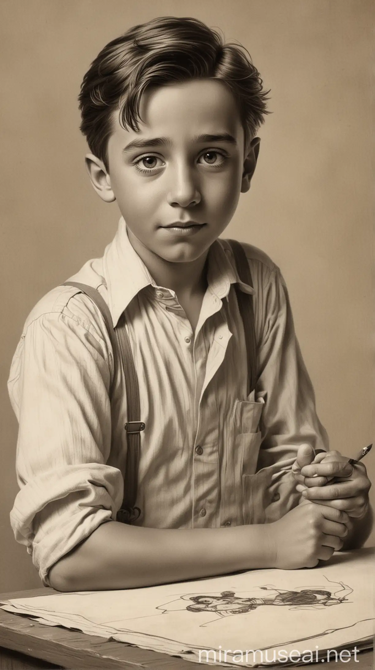 Young Walt Disney Drawing Hyper Realistic Childhood Portrait