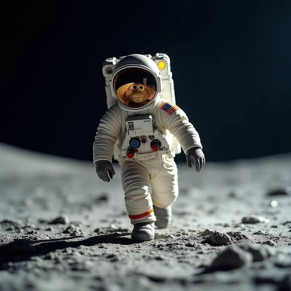 an astronaut monkey walking on the moon