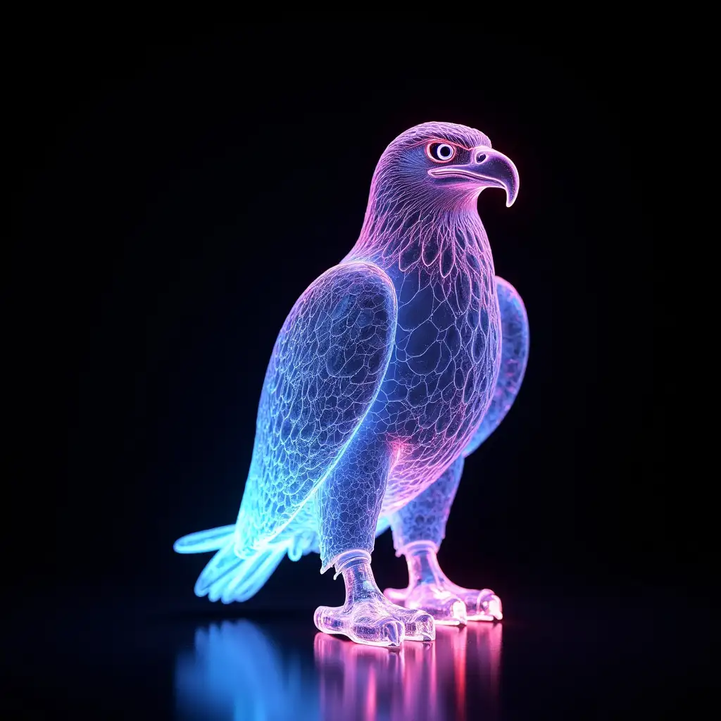 Realistic-Glass-Eagle-Sculpture-with-Neon-Light-Threads-Glowing-in-Vibrant-Colors