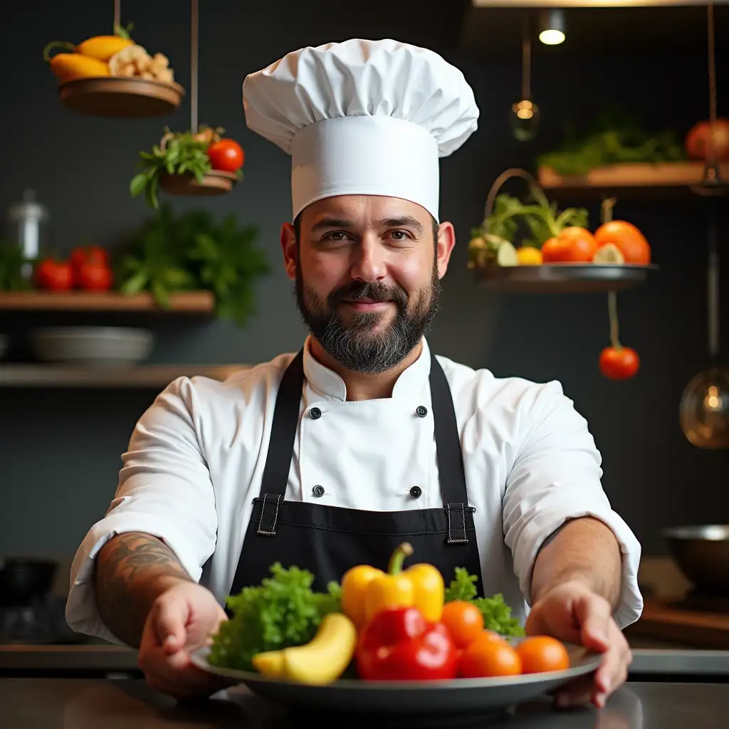 a chef is showing off his cooking and behind him there are vegetables and other food items floating