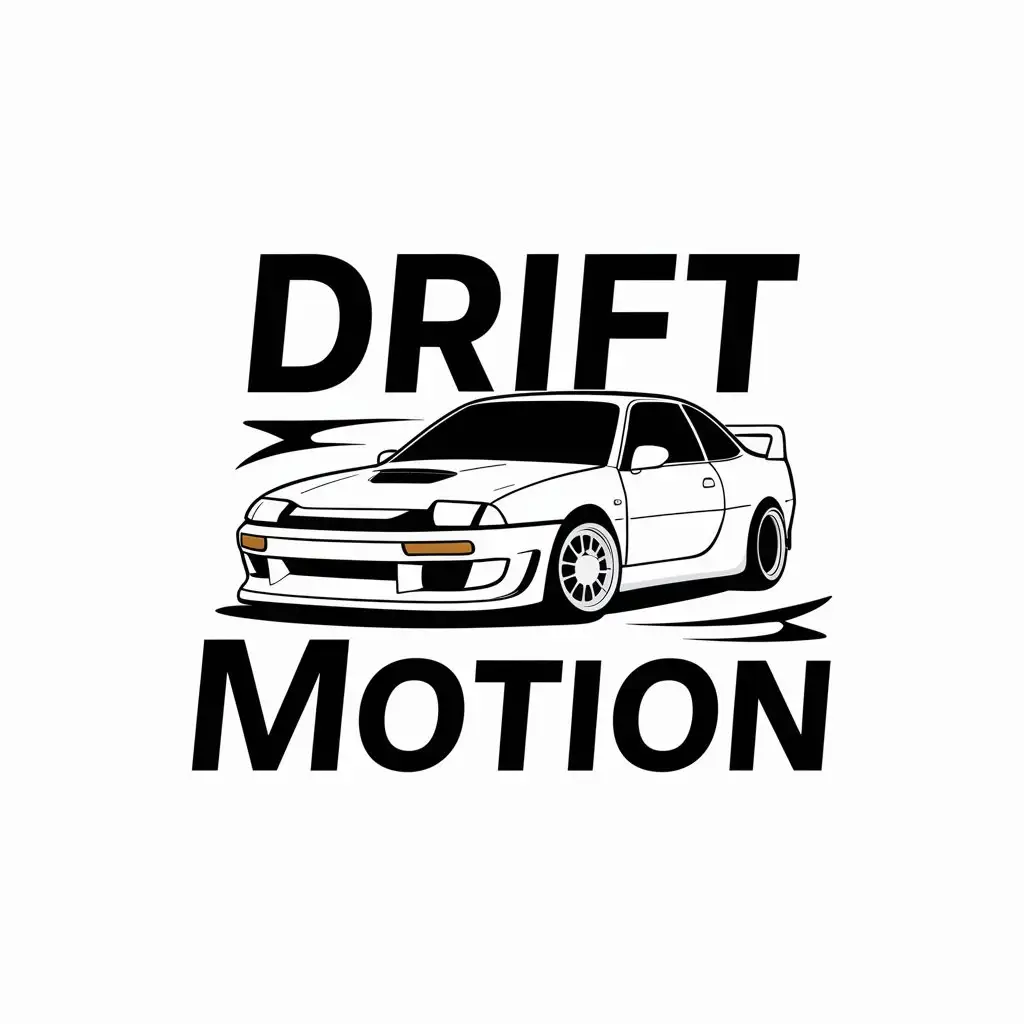 a vector logo design,with the text "Drift Motion", main symbol:Drift car toyota sprinter trueno gt apex ae86 color white and black,Minimalistic,be used in Automotive industry,clear background