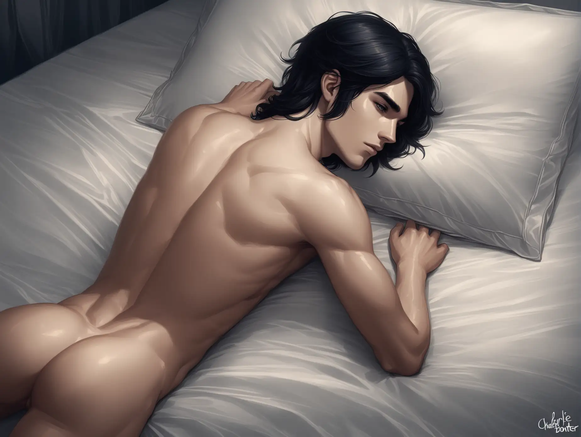 Fantasy-Art-of-Young-Man-with-Black-Hair-and-Grey-Eyes-Lying-on-Bed