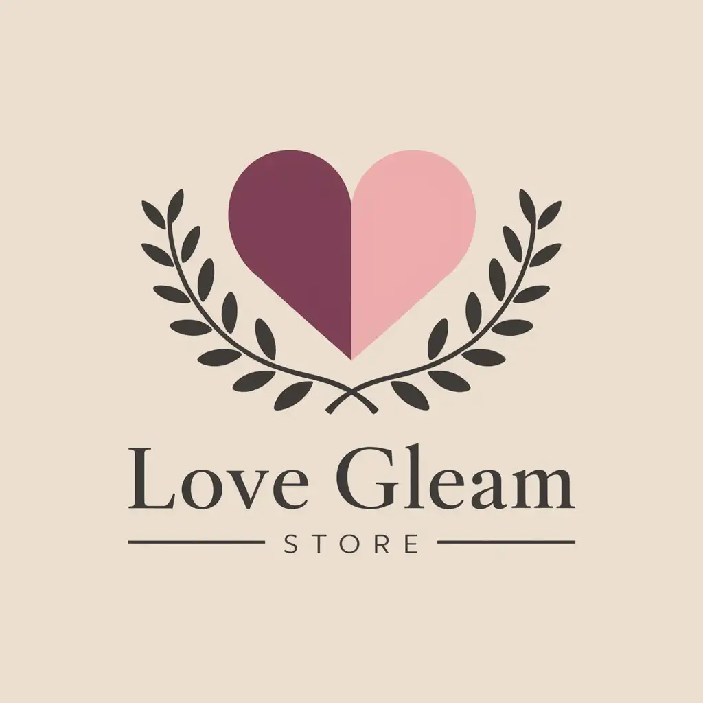 a vector logo design,with the text "Love Gleam Store", main symbol:Violet or pink heart, one laurel branch, light gentle beige background,complex,be used in Beauty Spa industry,clear background