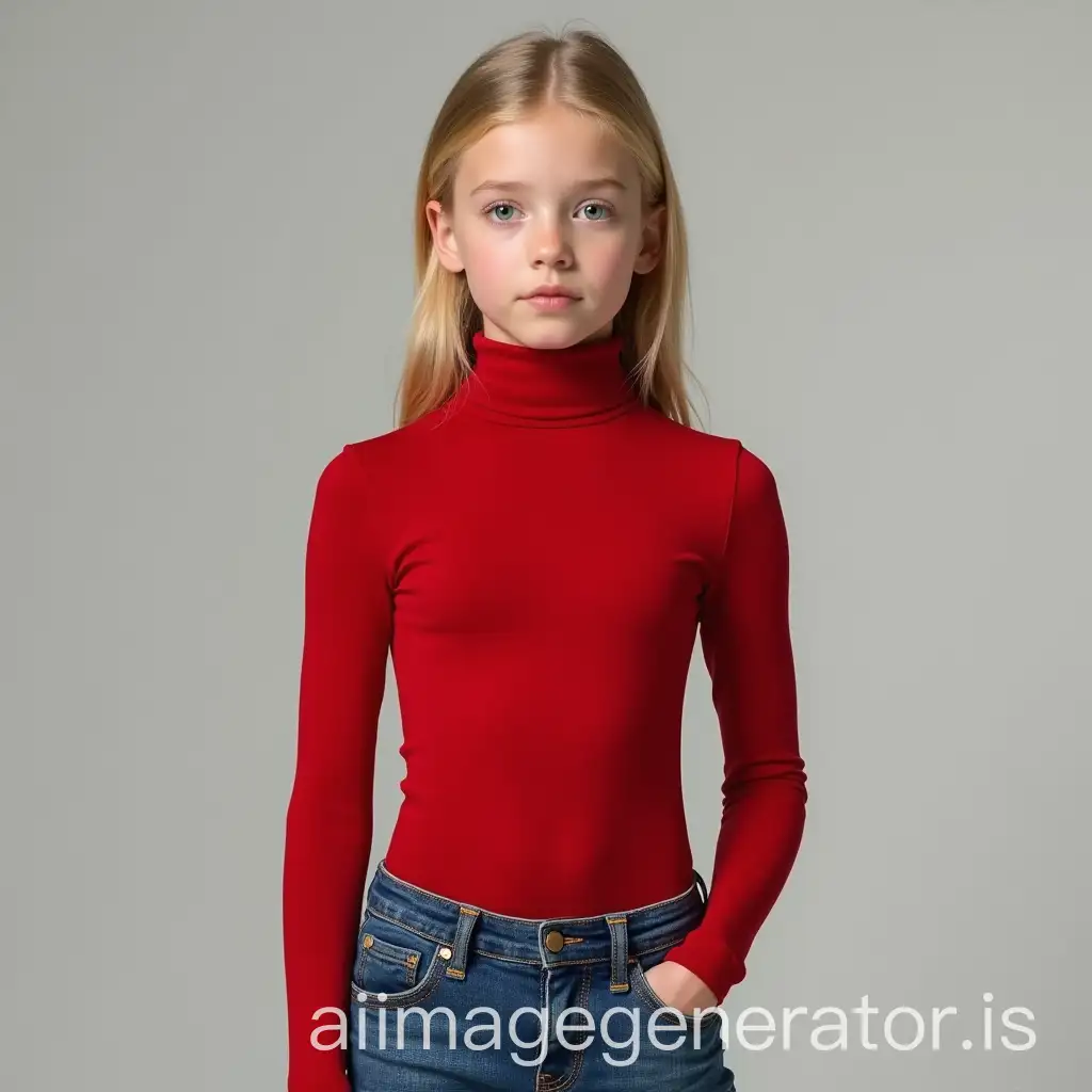 Life-like portrait of a 12yo tall blond girl, realistic face,slender figure,flat chest,realistic big light eyes, pale blonde hair,standing,wearing a thin fabric bodyfitted red high turtleneck and jeans,upper body front image,realistic detailed photo, studio background,realistic 8k