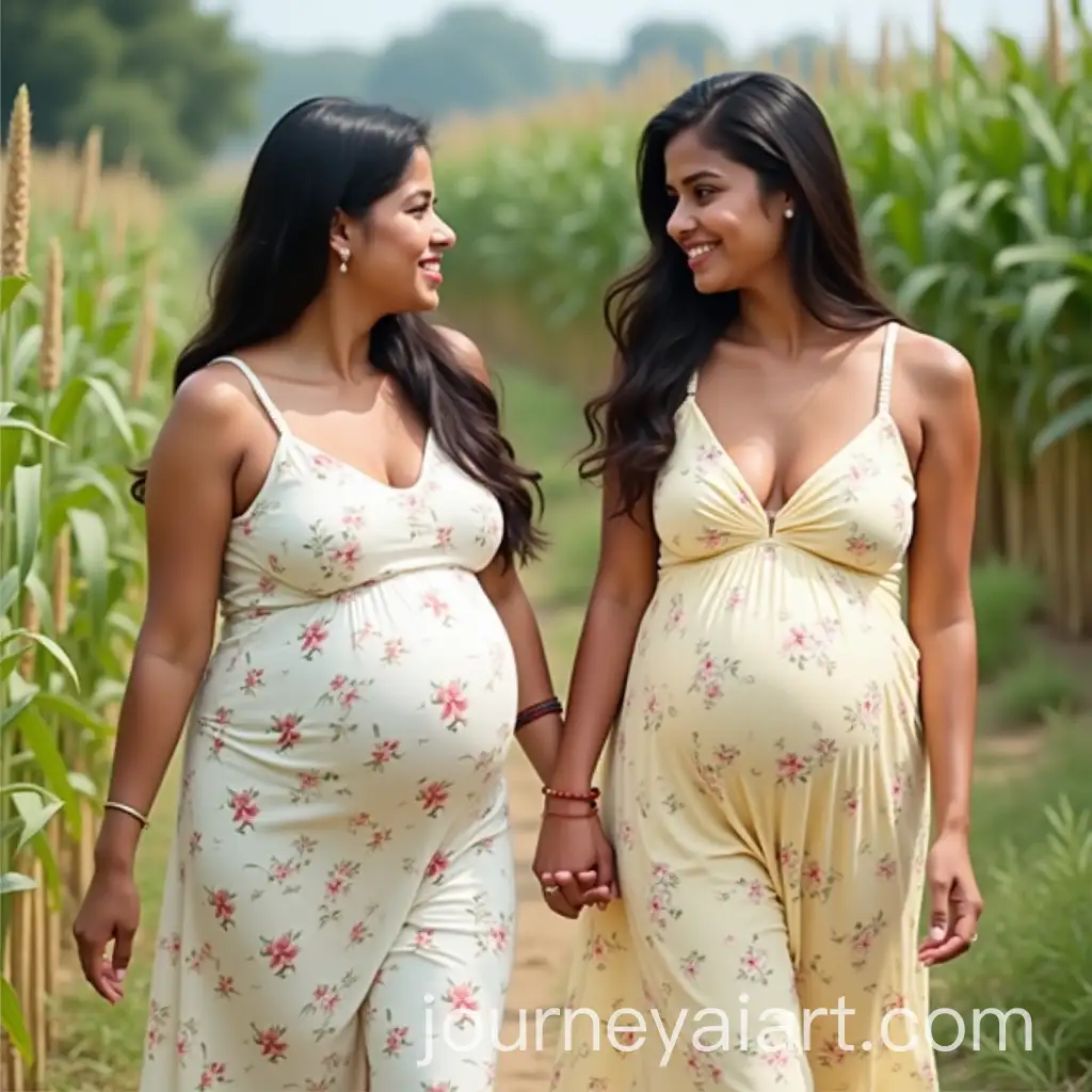 Two-Young-PregnantAI-Image-Prompt-Expansion-Women-in-Floral-Dresses-Walking-in-a-Rural-Field