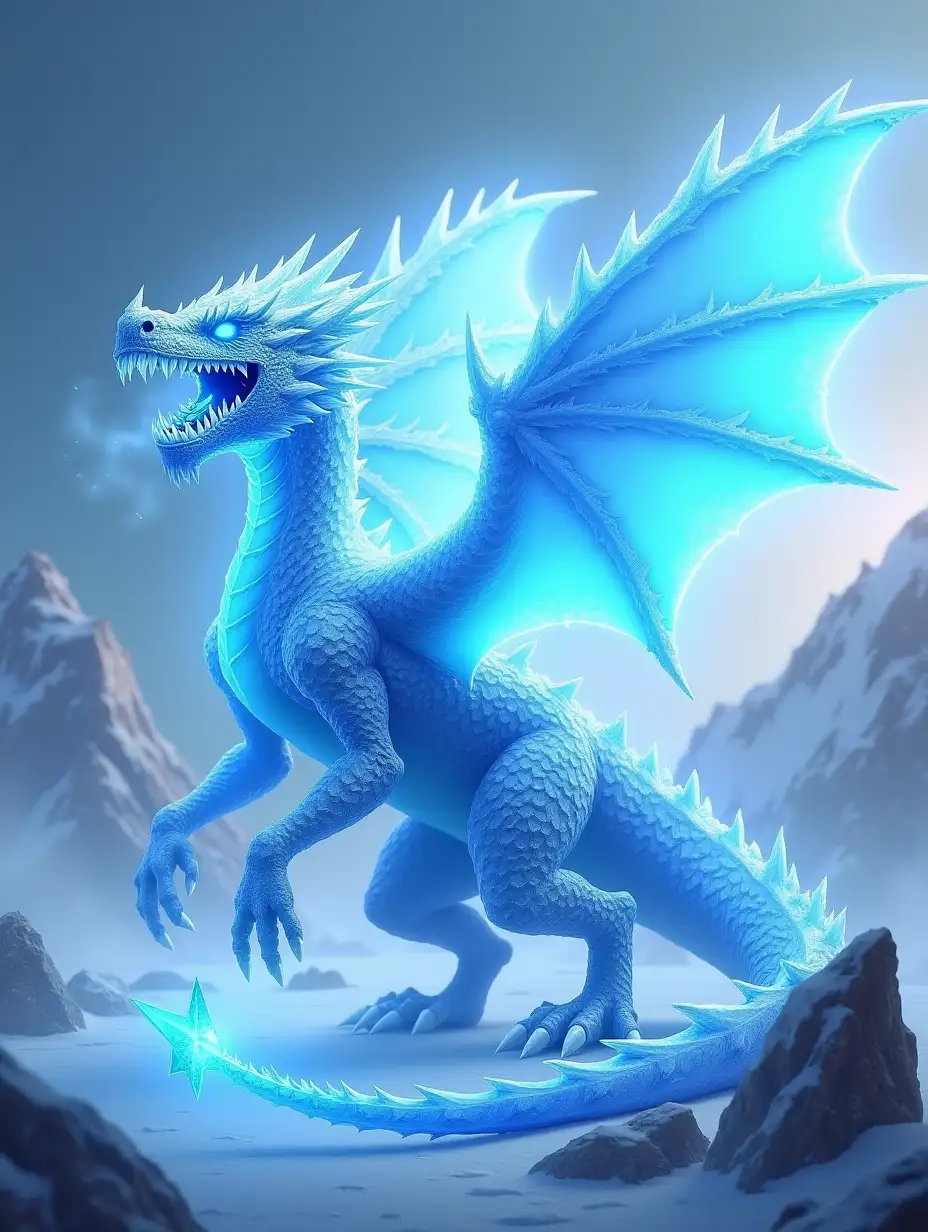 Create a detailed, full-body image of an icy, mythical dragon with a sharp, crystalline design. The dragon's body is covered in gleaming, shard-like blue and white scales that resemble frozen ice. Its glowing blue eyes radiate intensity, and its open maw reveals sharp, icicle-like teeth, exhaling frosty mist. The dragon's massive wings are semi-transparent, with frosty veins coursing through them, and they are stretched wide as if ready to take flight. The tail ends in a sharp, crystalline point, and its powerful claws are detailed with icy spikes. Surround the dragon with an environment of frost-covered mountains, glowing icy shards, and a misty, cold atmosphere to highlight its mythical and imposing nature. The image should emphasize glowing, high-contrast effects, with light emanating from the dragon's core and icy breath for a fantastical and dramatic appearance. The output should be in PNG format with a transparent background, ensuring the dragon is isolated for versatile use.