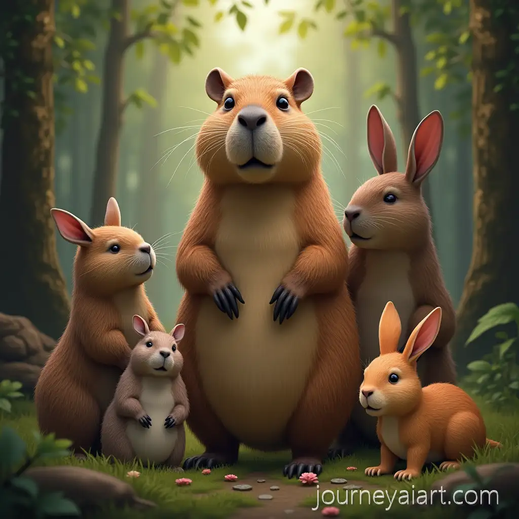 Capybara-Surrounded-by-Animal-Friends-in-a-Lush-Forest