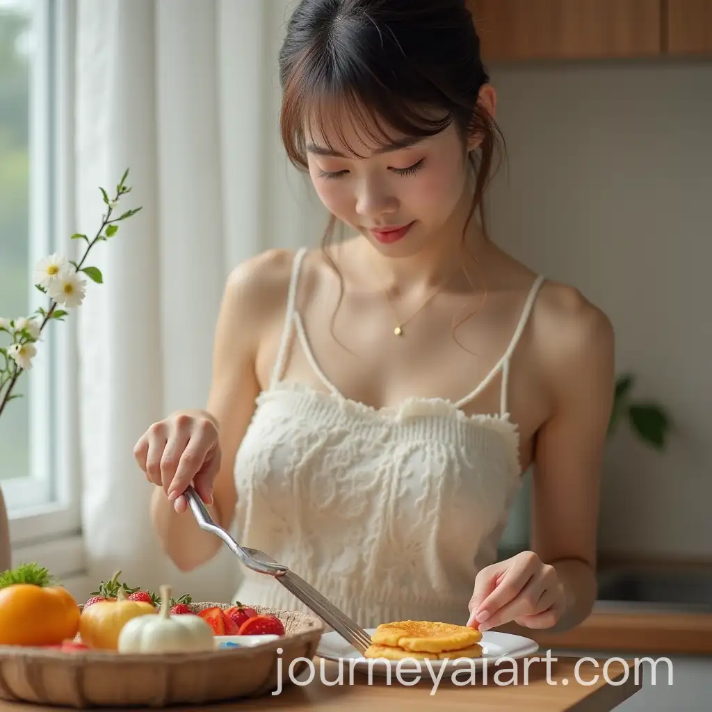 Cute-Asian-Housewife-Cooking-Breakfast-in-Petite-Outfit