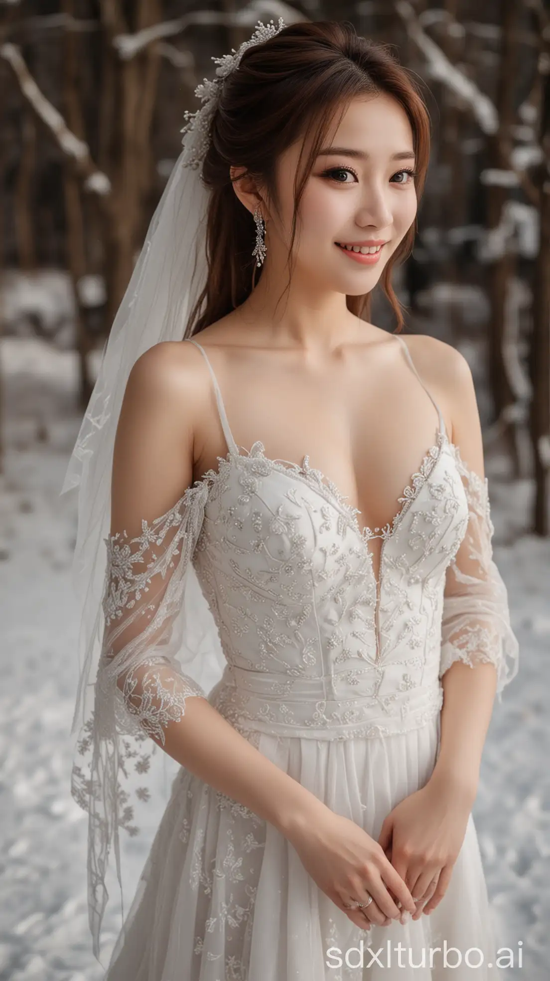 Chinese-Woman-in-Winter-LowCut-Dress-with-Sweet-Smile-Standing-Beside-Bride