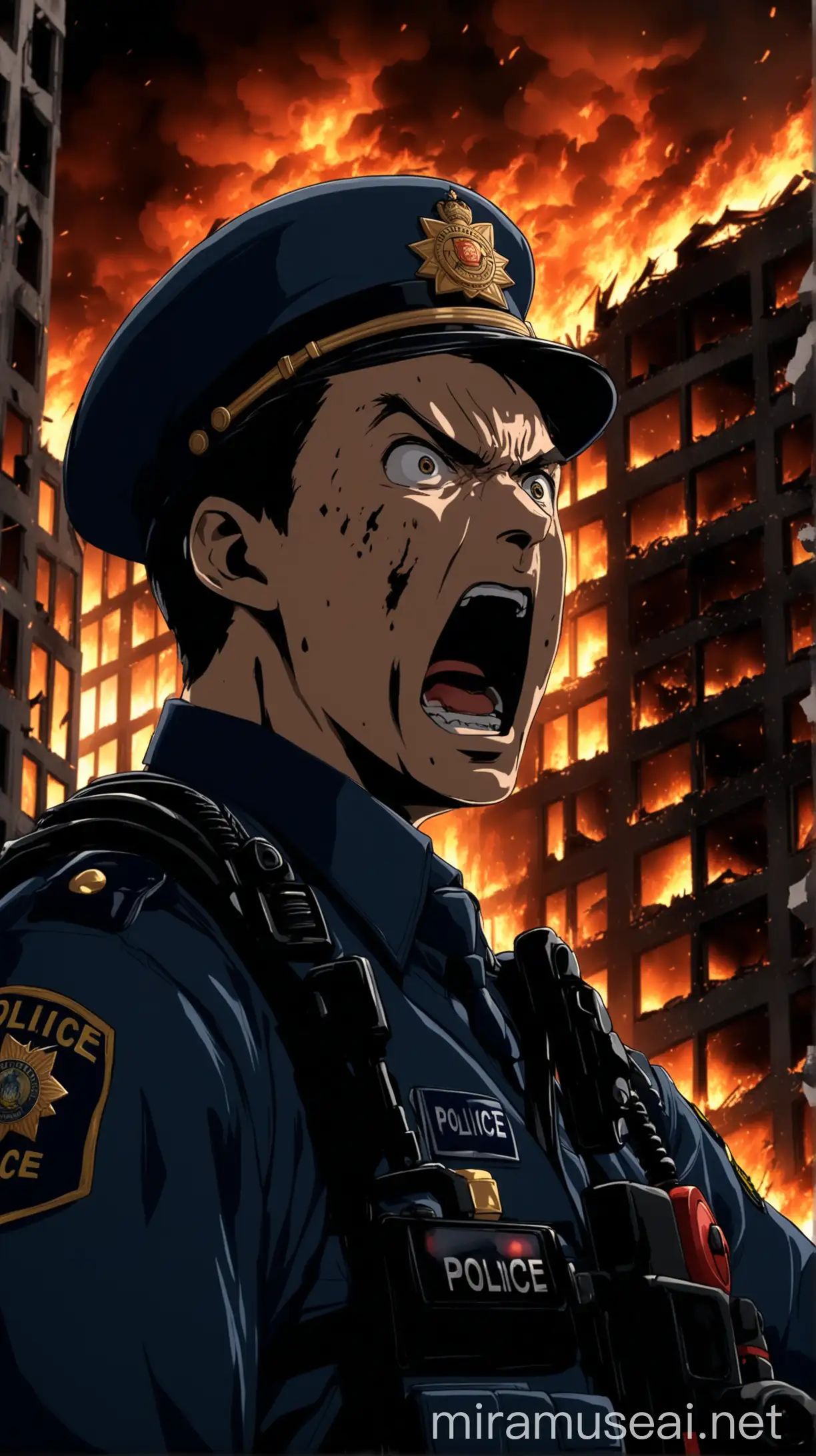 Cinematic CloseUp of a Police Officer in a Burning Building