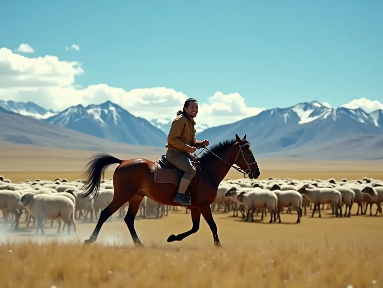 A Mongolian man is galloping on the prairie, with a blurry flock of sheep behind him, the sky is azure with a few white clouds, and in the distance you can see snowy mountains and a charming stream flowing, his face full of happiness