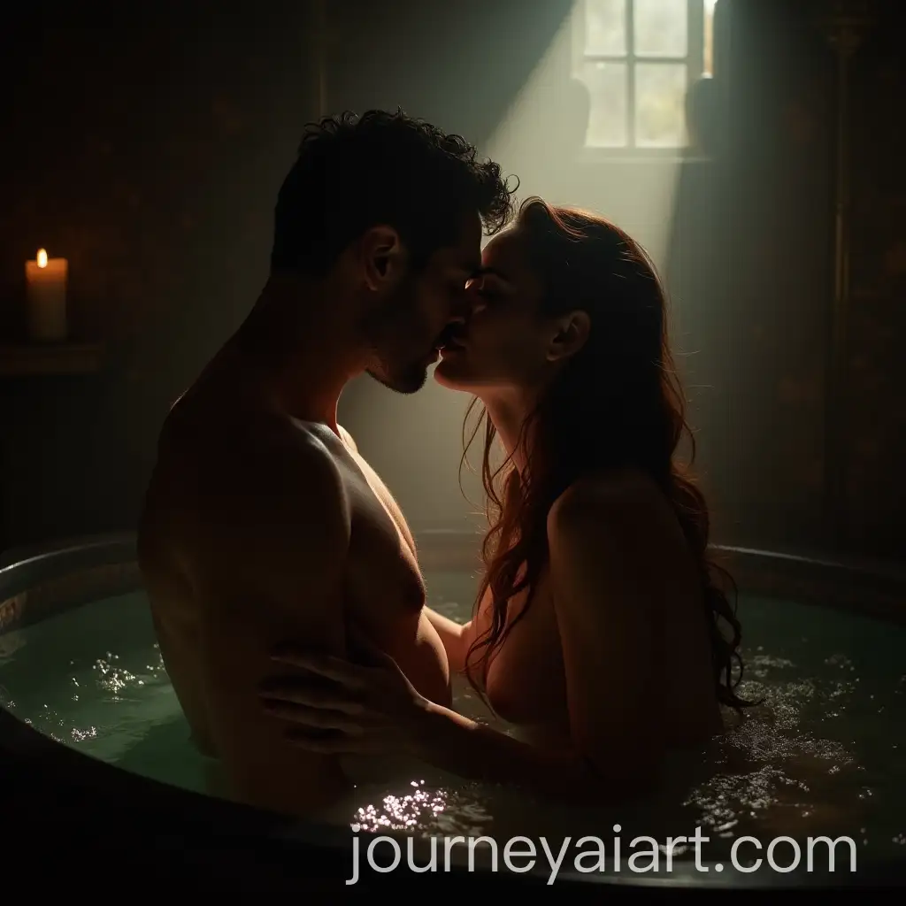 Passionate-Kiss-in-a-Shadowy-Bathing-Chamber-High-Fantasy-Romance-Scene