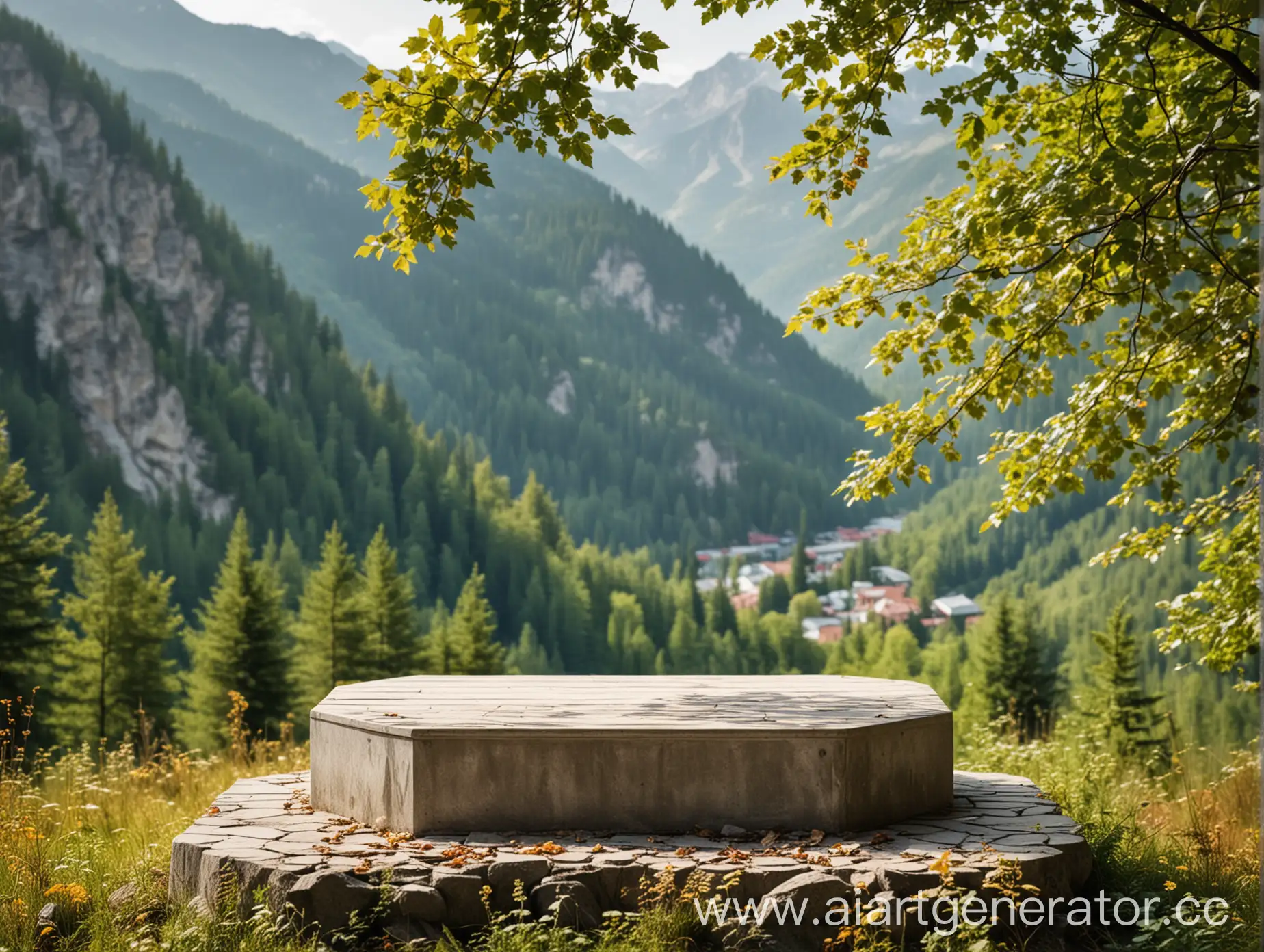 Podium-Against-Mountain-and-Leaf-Backdrop-in-Fresh-Summer-Air