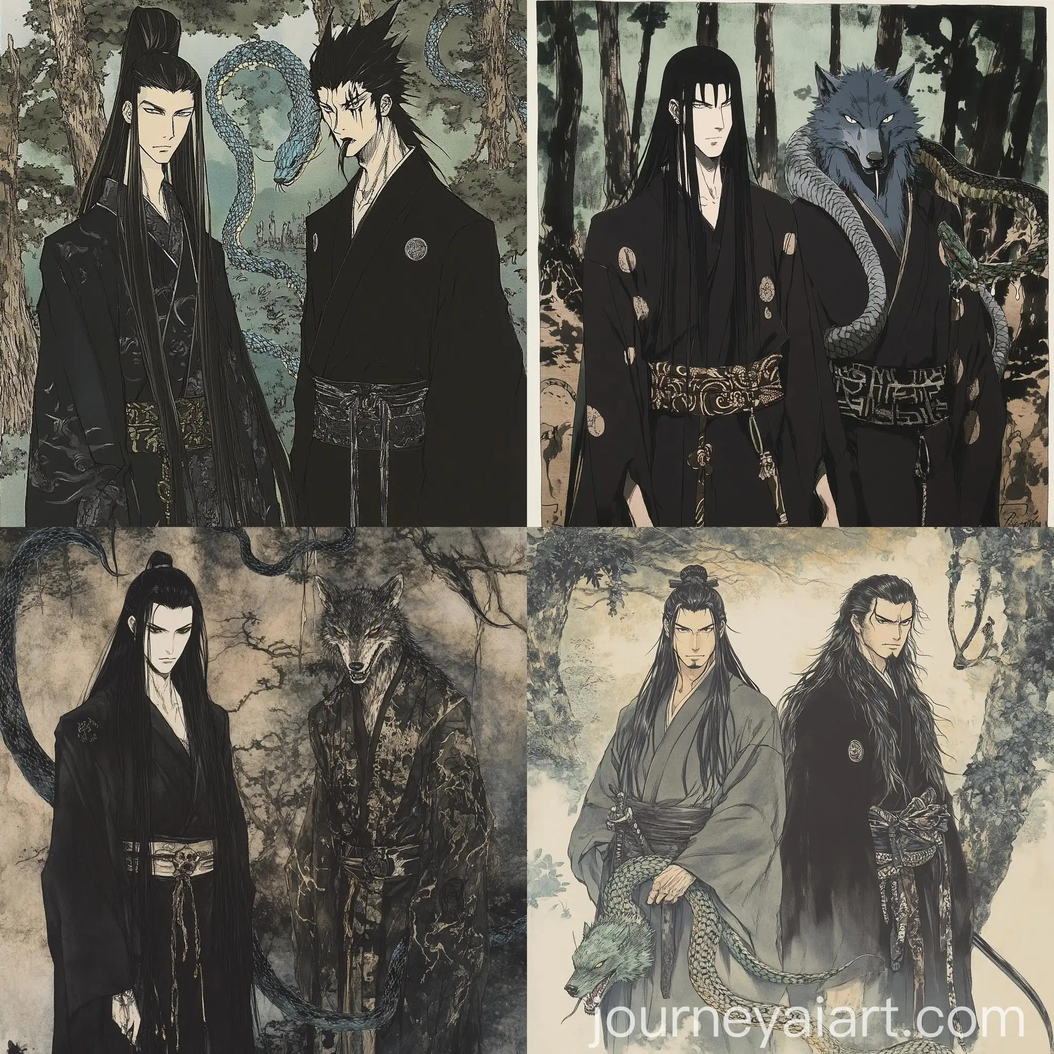 Two-Men-in-Fantasy-Kimono-and-Mage-Robe-with-Loyal-Wolf-and-Forest-Background