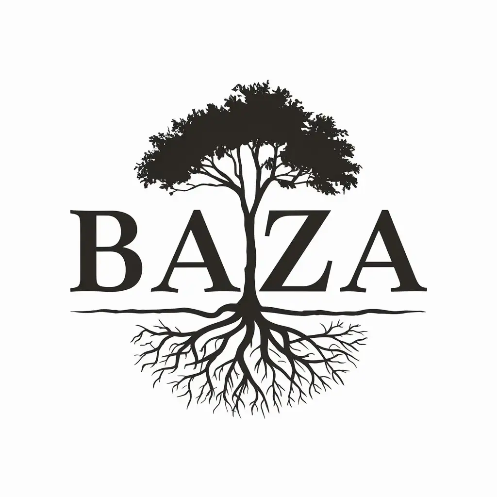 a vector logo design,with the text "Baza", main symbol:A tree with a powerful root system, logo sketch from roots,Moderate,be used in Others industry,clear background