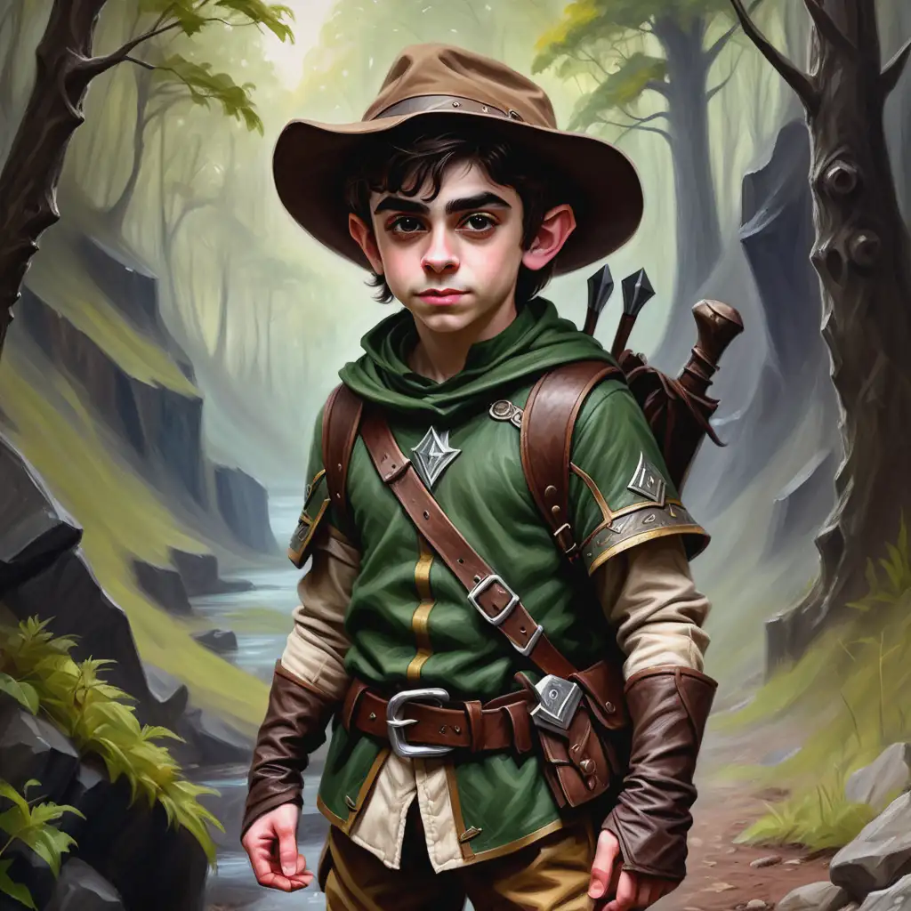 Fantasy Oil Painting of Aidan Gallagher as an Adult Halfling Ranger in Adventurer Gear