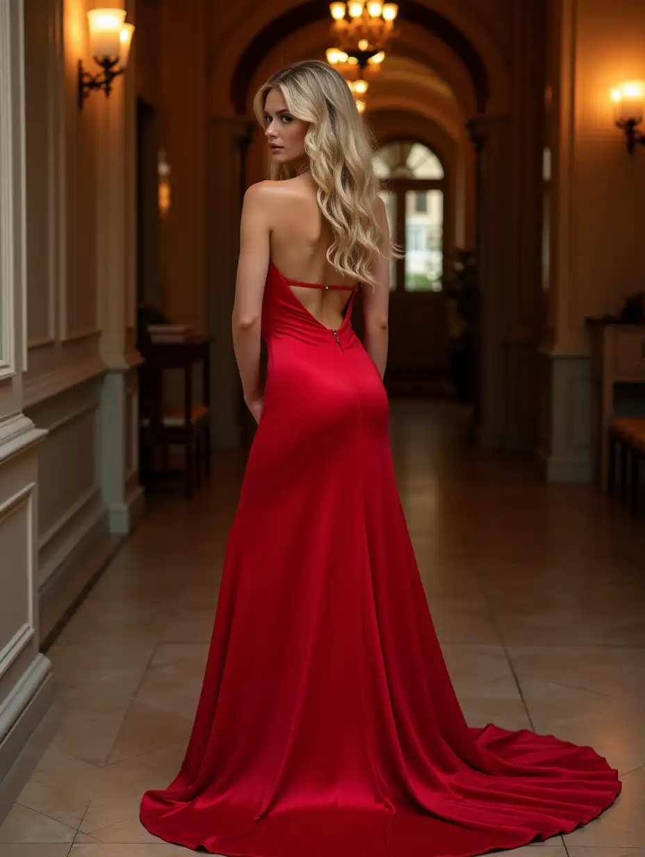 Elegant-Russian-Blonde-in-Red-Dress-Posing-in-Theater-Lobby