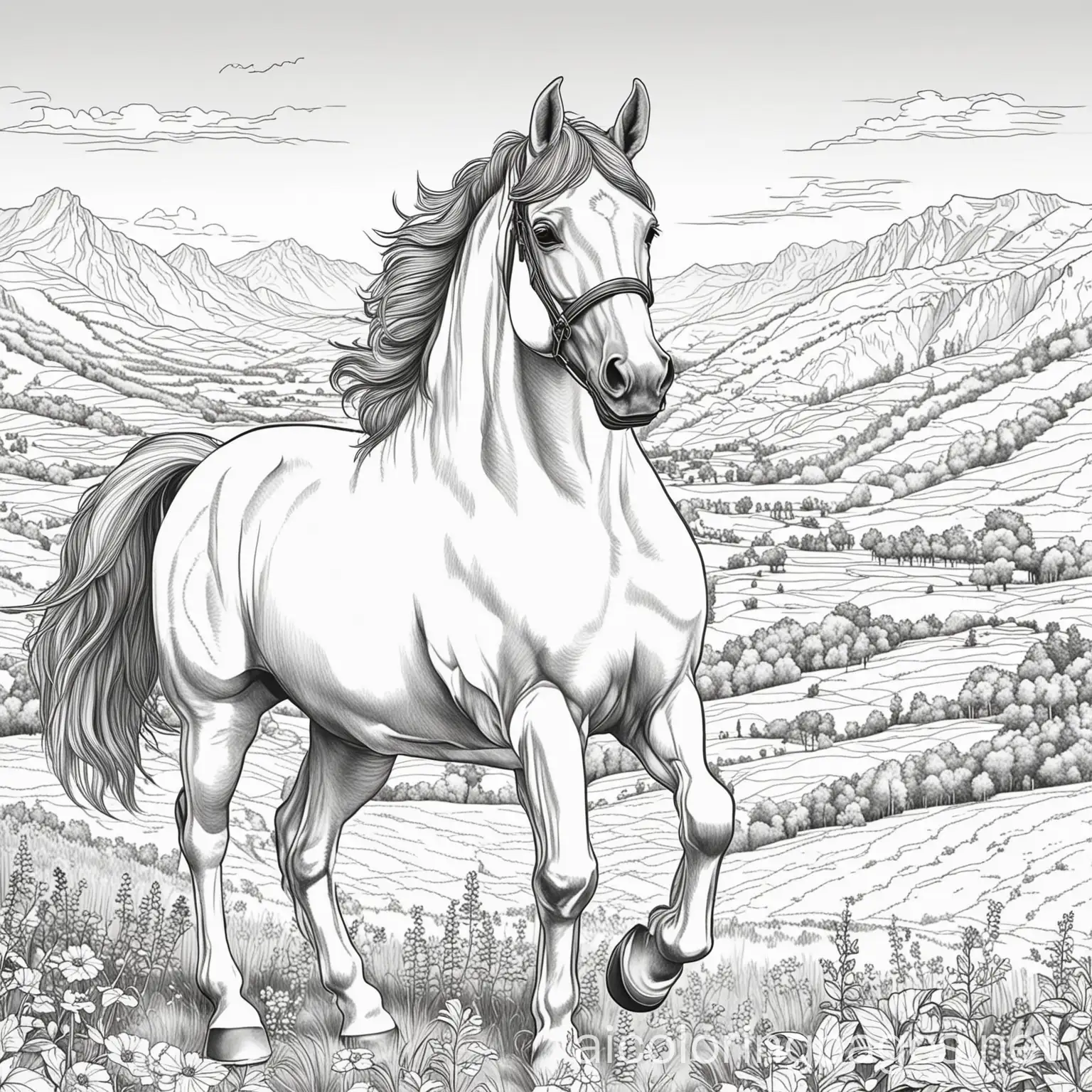 horse with beautiful scenery , Coloring Page, black and white, line art, white background, Simplicity, Ample White Space. The background of the coloring page is plain white to make it easy for young children to color within the lines. The outlines of all the subjects are easy to distinguish, making it simple for kids to color without too much difficulty