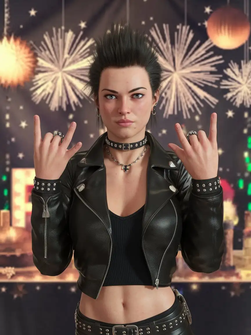 Punk-Woman-Showing-Rock-Hands-Against-a-New-Years-3D-Holiday-Background