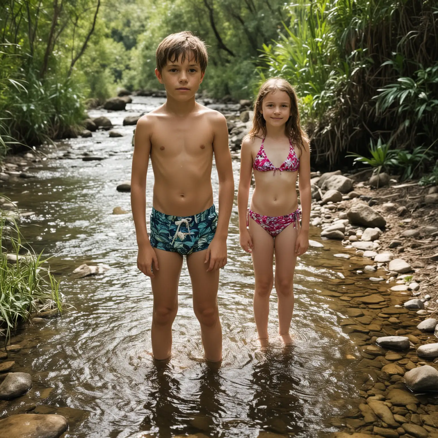 Young-Boy-and-Girl-Standing-in-Creek-Water-Summer-Outdoor-Adventure