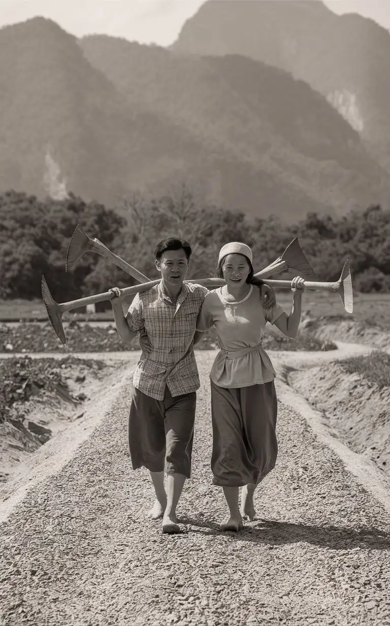 Carrying hoes, male and female commune members walk on the newly laid gravel road. 1974. China