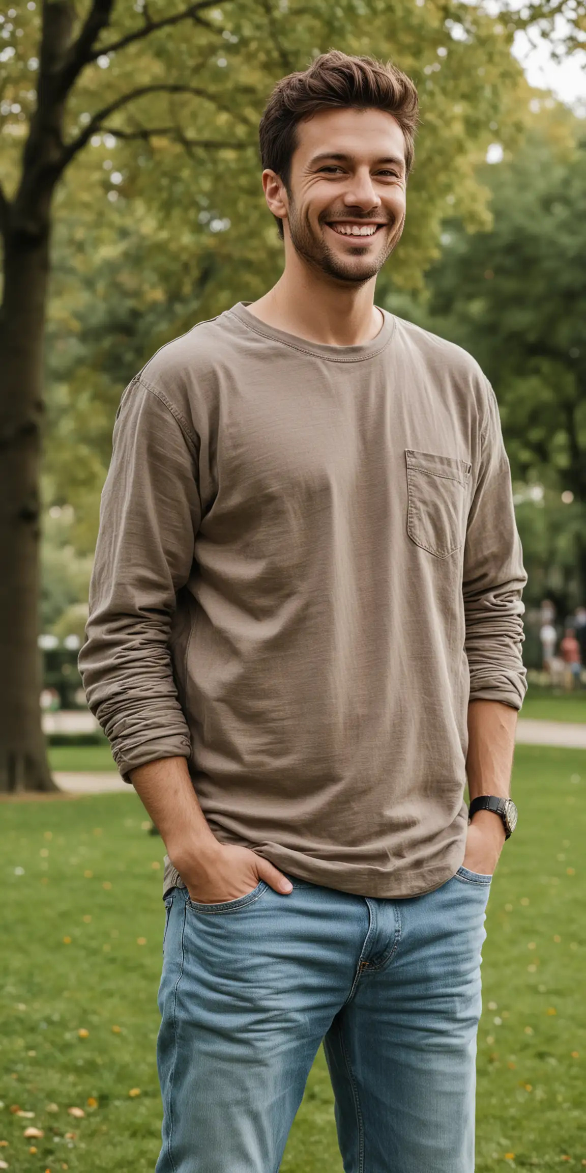 a man standing in a park setting, wearing casual clothes, smiling with his hands in his pockets
