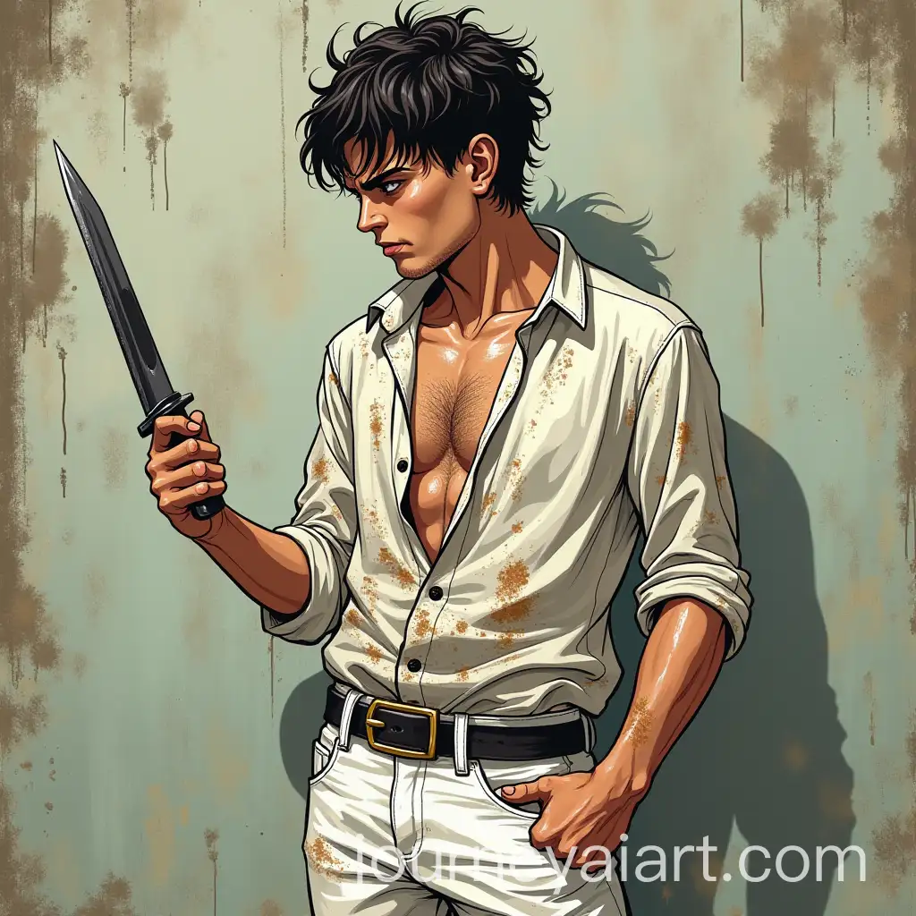 Manga-Character-in-MudCovered-Prison-Clothes-with-Velvet-Shirt-and-White-Jeans