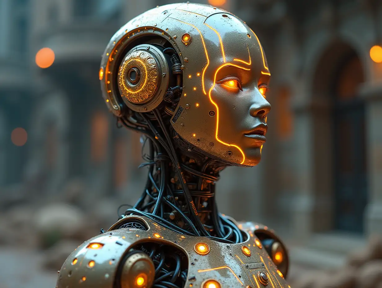 Create a high-resolution, realistic image of the artificial intelligence Robert with a metal and glass head with gears, light waveguides, LED in a desert light face 3d 4k resolution with gold and silver ornaments full body and stands on a wired cube with lights