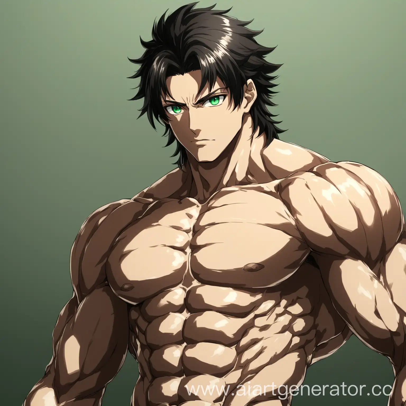 Anime man, muscular, 6'2", dark hair, emerald eyes 