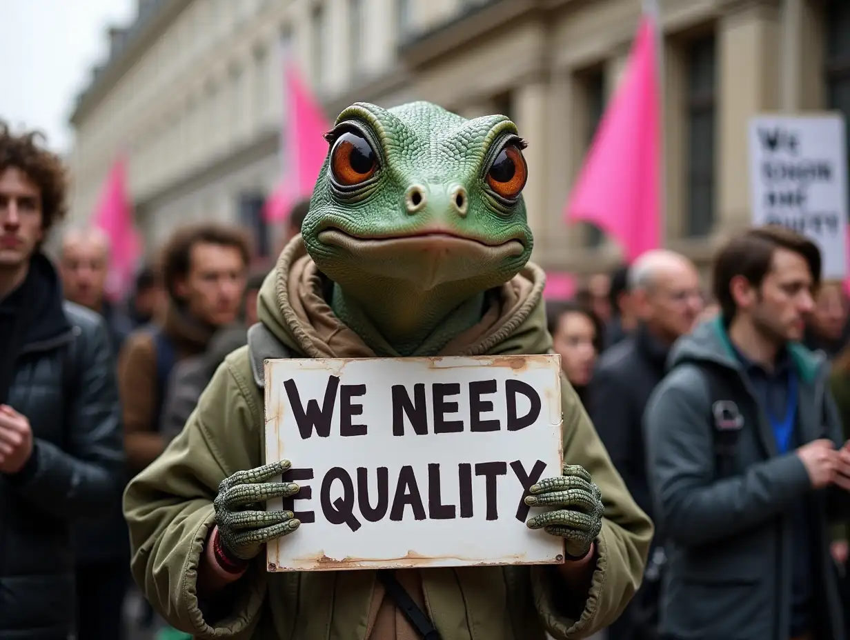 reptilians protest for Gender equality with We Need equality placards. Картина маслом