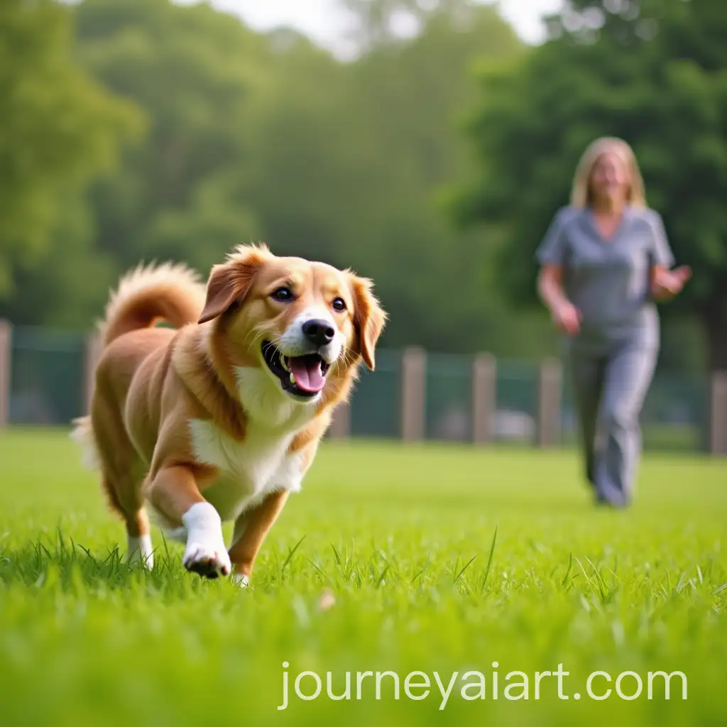 Happy-Dog-Playing-in-a-Fenced-Park-with-Smiling-Trainer-in-the-Background