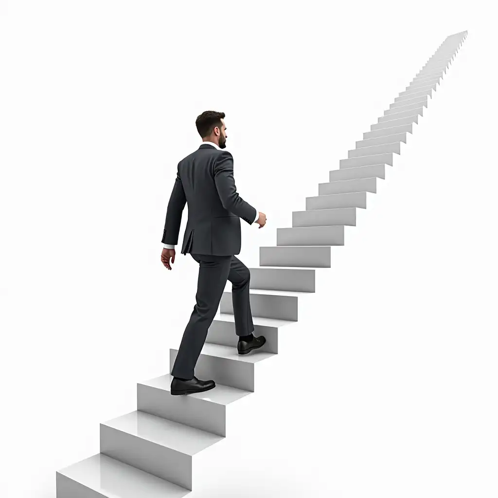 A businessman in a formal suit, climbing a long and straight staircase. The staircase should be long, straight, and modern, with a minimalistic background. The man should appear confident and focused, walking upward with purpose and determination. He should be wearing a dark suit, with polished shoes. His posture should reflect strength and purpose as he ascends the staircase, with a neutral expression. The image should be professional, clean, and in PNG format, with no background.