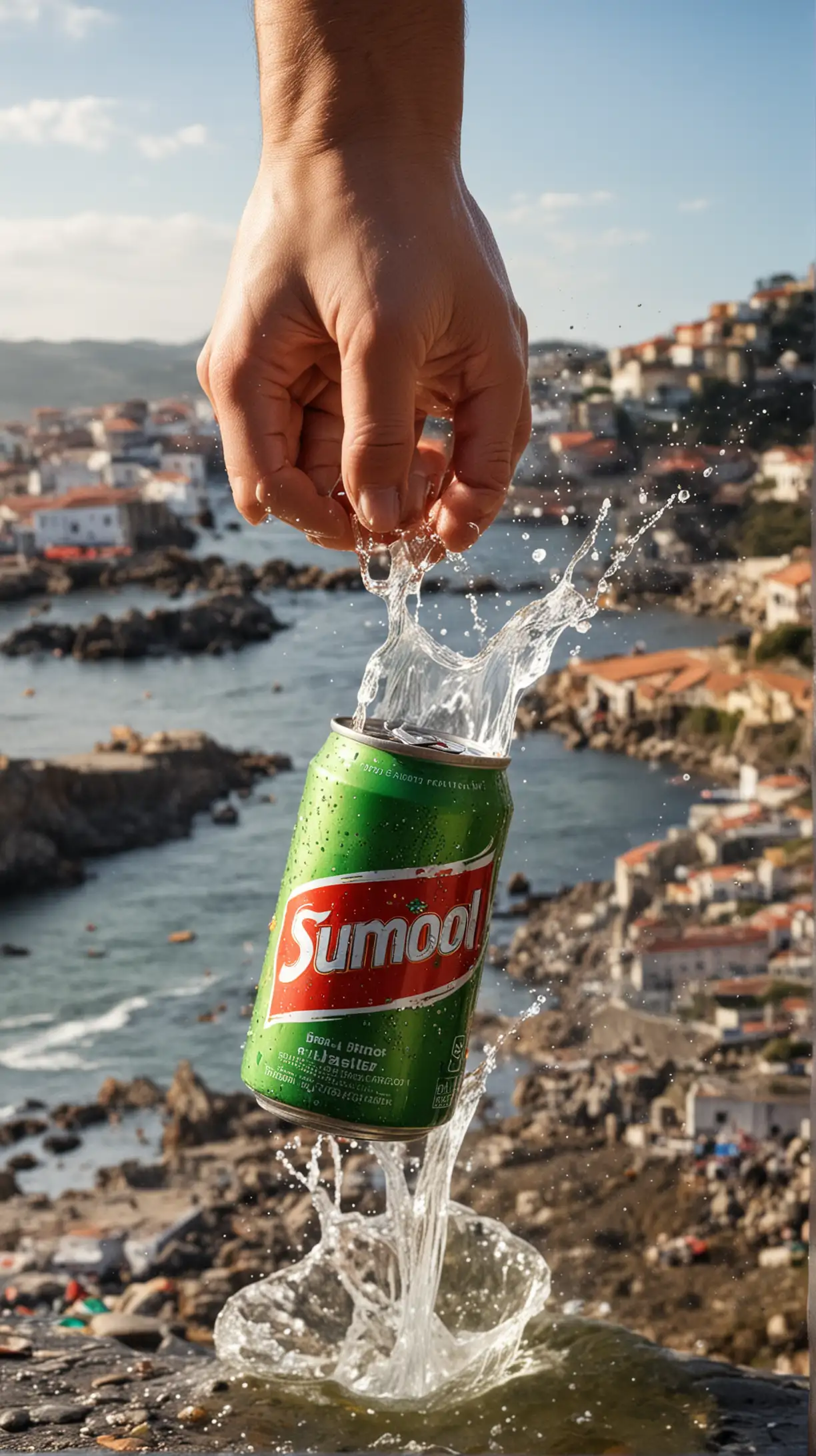 Person Reaching for Sumol Can with Portugal Background