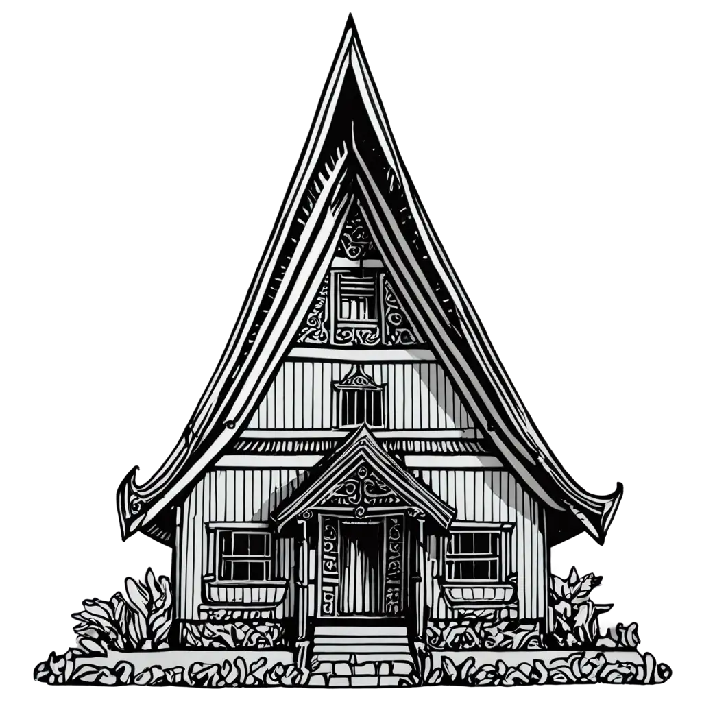 Traditional-Batak-House-of-North-Sumatra-in-Cartoon-Format-PNG-Image-for-Coloring