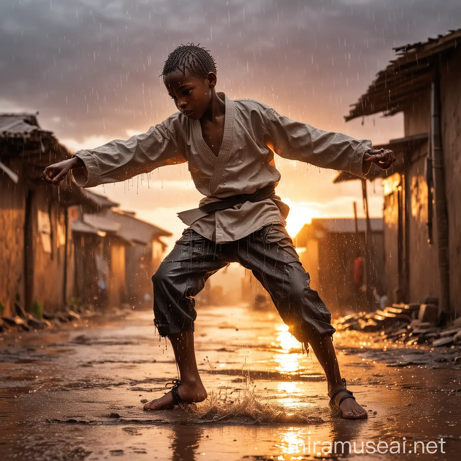 Young African Boy Practicing Martial Arts in Rainy Sunset Village