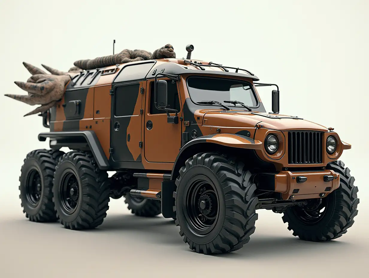 a supermodern utopian sportsomnibus with lowered body with Predator head, aluminum wheels, wide tires, brown and black camouflage pattern, Science-Fiction