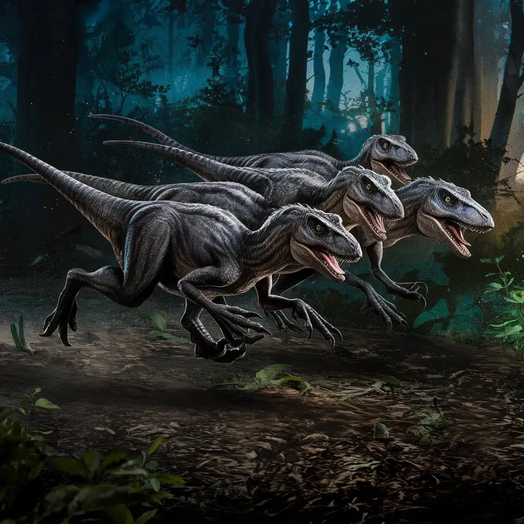 4 Jurassic Park velociraptors running from a thick forest at night. Something had them scared!