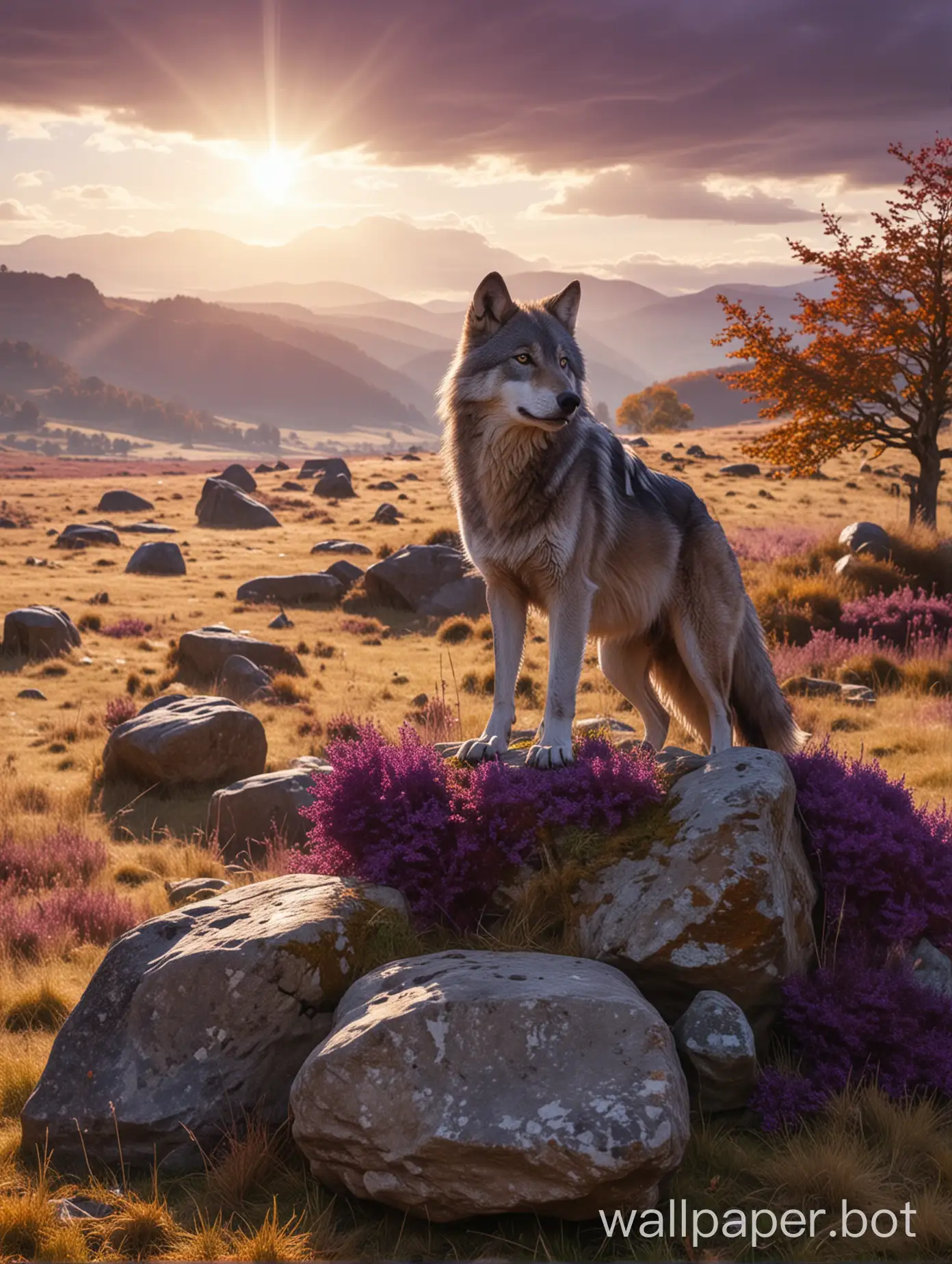 8k quality, wolf in varying shades of purple on a large boulder above a grassland valley on a sunny autumn day with rays of light