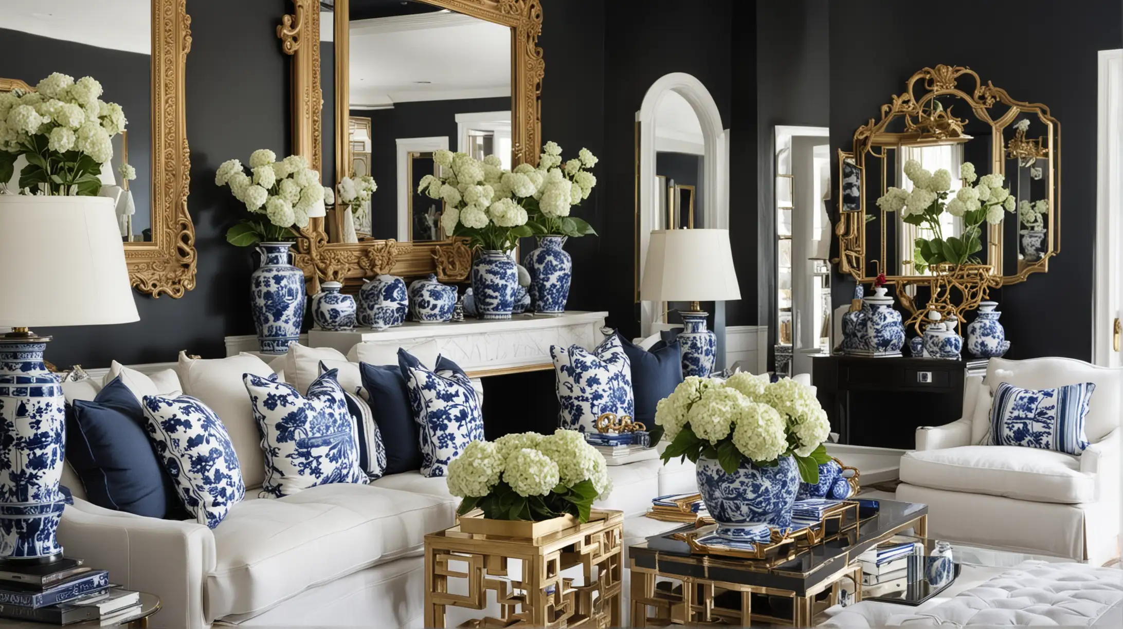 Elegant Formal Living Room with Black Walls and Chinoiserie Vase