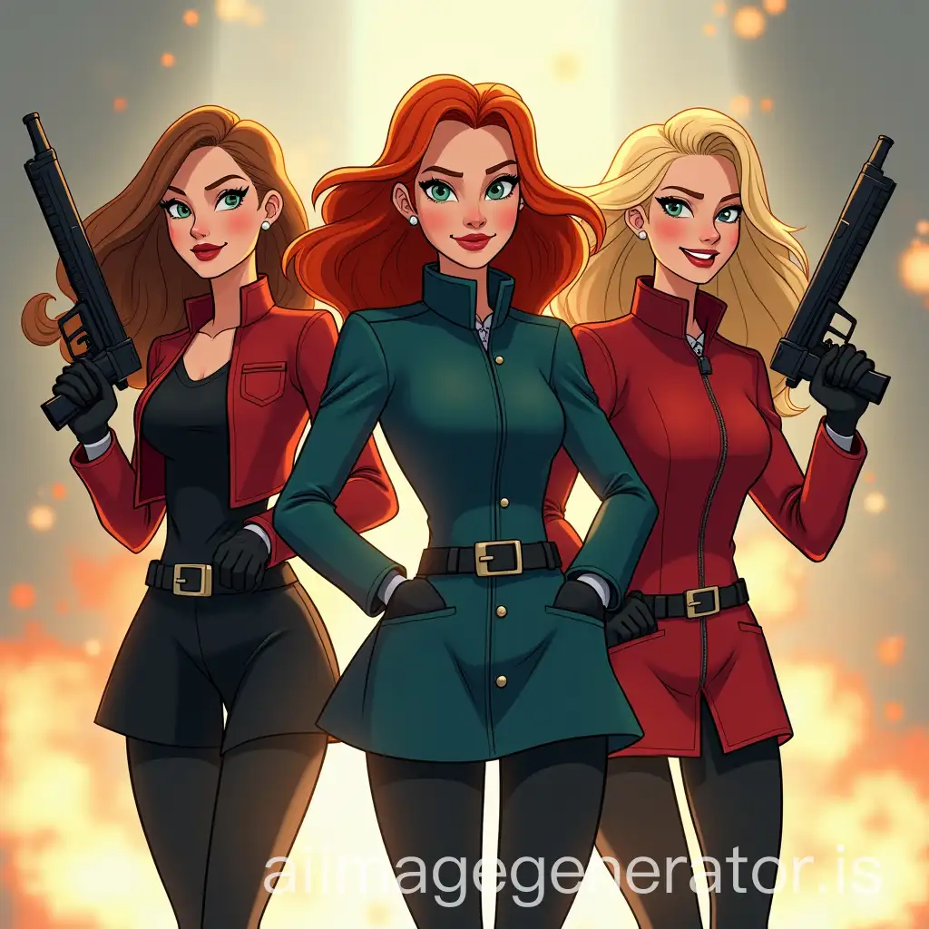 Three-Women-Spy-Team-in-Action-with-Weapons-in-Colorful-Uniforms