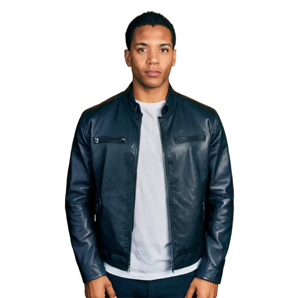 Black-Man-Wearing-Leather-Jacket-Facing-Forward-with-White-Shirt-PNG-Image-for-HighQuality-Visuals