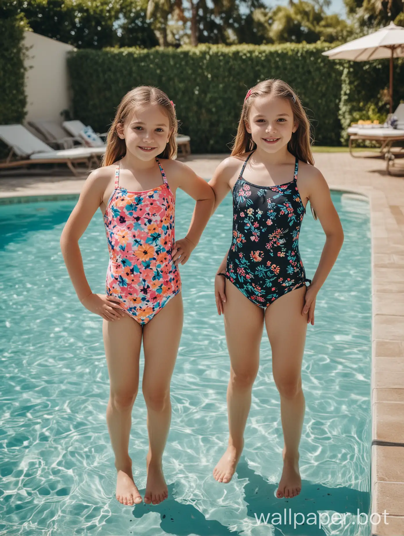 2 Tween girls in swimsuits, swimming pool background dynamic posing full length