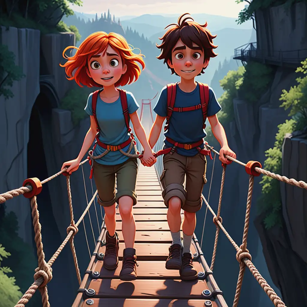 Animated Characters Lina and Jules Navigating a Suspended Bridge